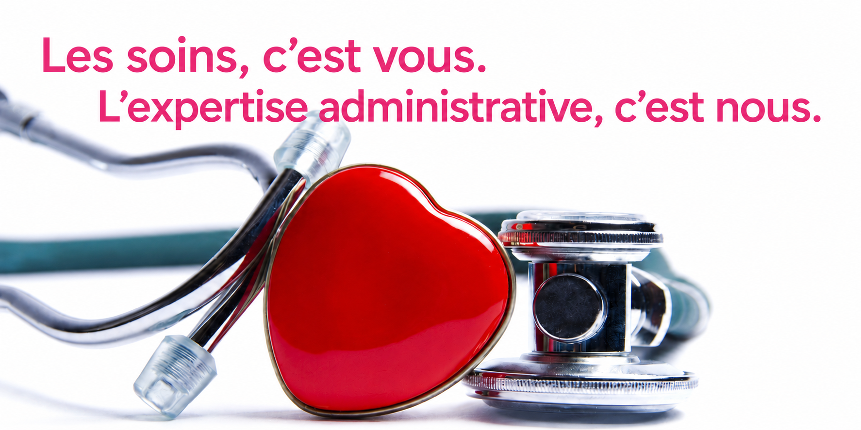 Stéthoscope et cœur rouge — Médi’P@C : les soins, c’est vous. L’expertise administrative, c’est nous.